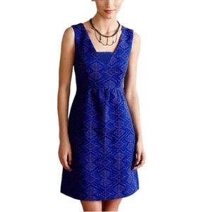Maeve Anthropologie Averie Royal Blue Aztec Fit And Flare Brocade Dress Size 14